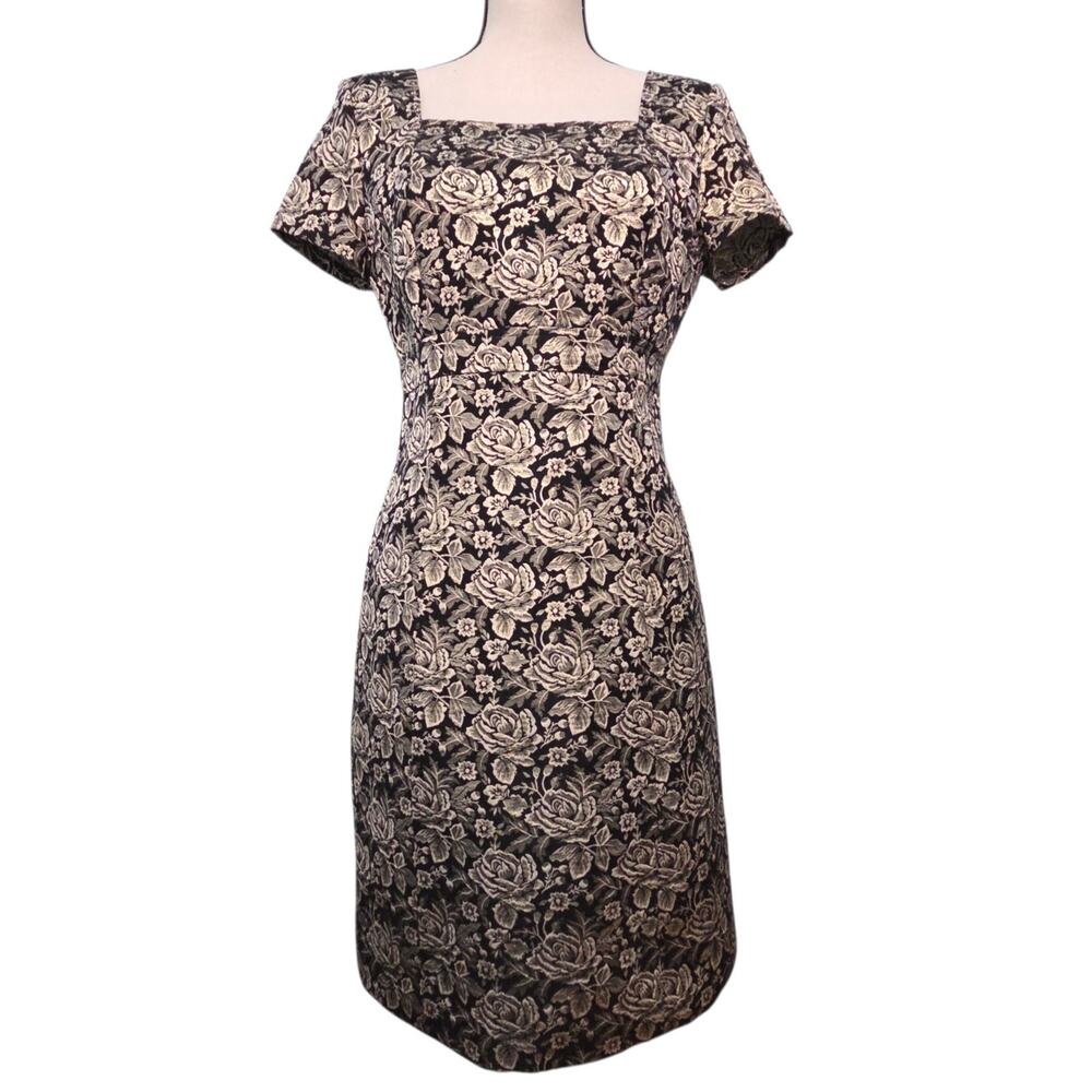 Brooks Brothers Womens Jacquard Sheath Dress Sz 6 Black Metallic Gold Floral